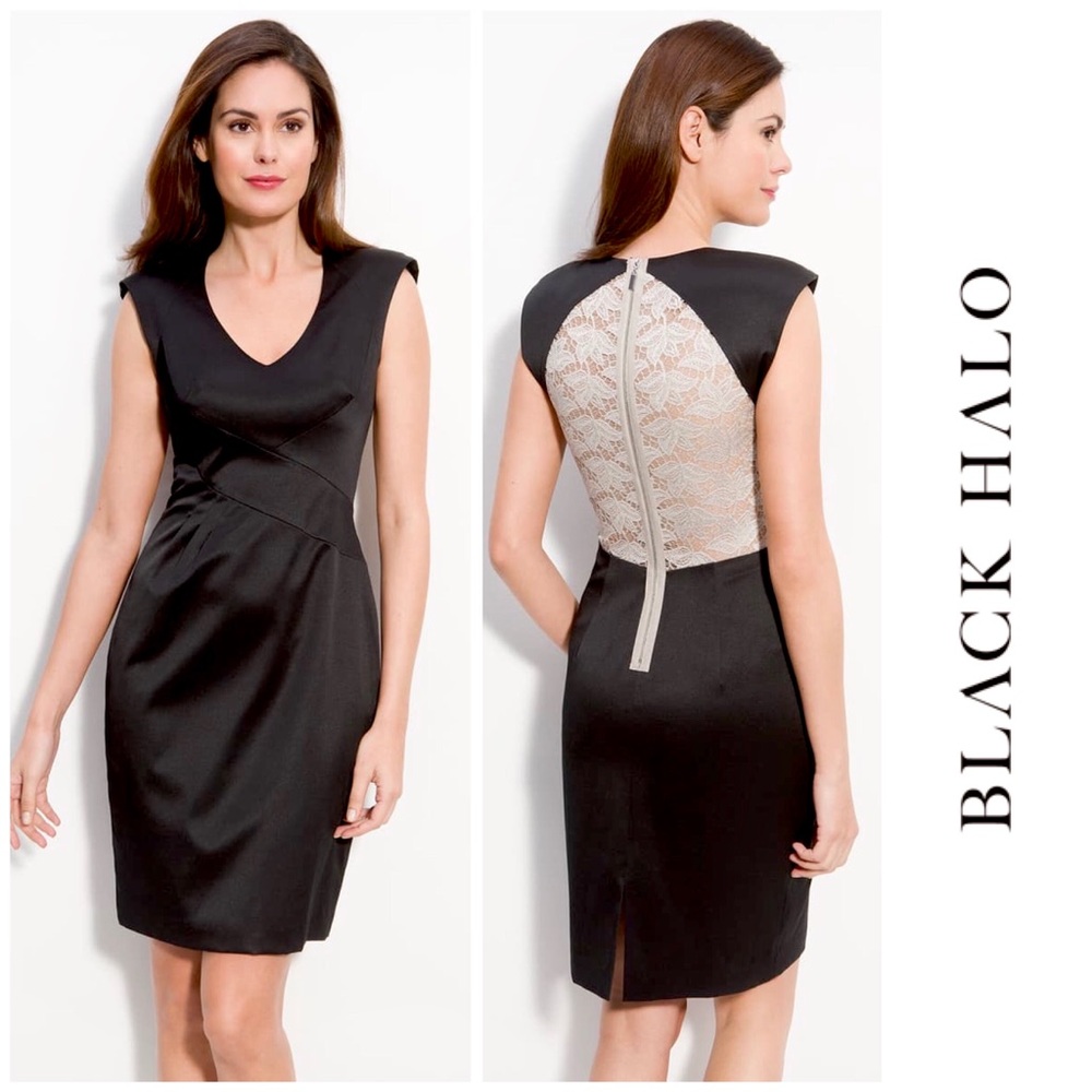 Black Halo Contrast Lace Inset Satin Sheath Dress - Picture 2 of 11